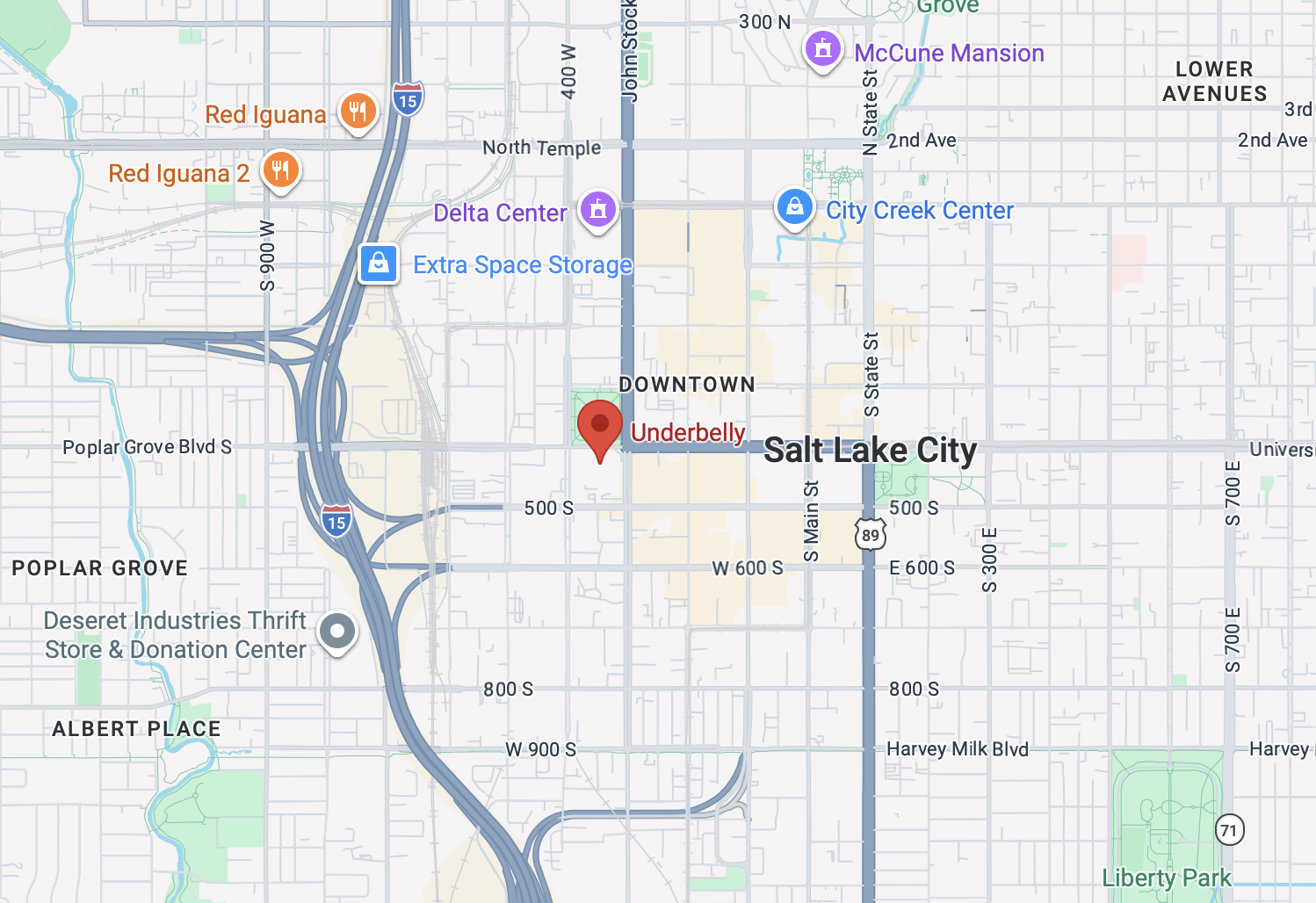 Map centered on 343 W 400 S Ste A, Salt Lake City, UT 84101